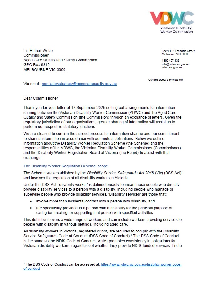 Exchange of Letters between the ACQSC and VDWC