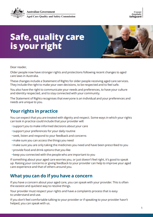 Letter from the ACQSC Commissioner and Aged Care Complaints Commissioner - Safe, quality care is your right - thumbnail image