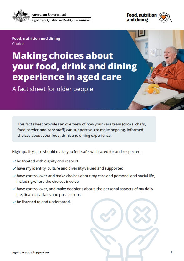 Making choices about your food, drink and dining experience in aged care factsheet image thumbnail