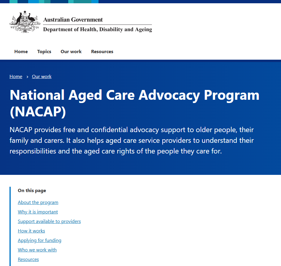 National Aged Care Advocacy Program (NACAP) webpage thumbnail