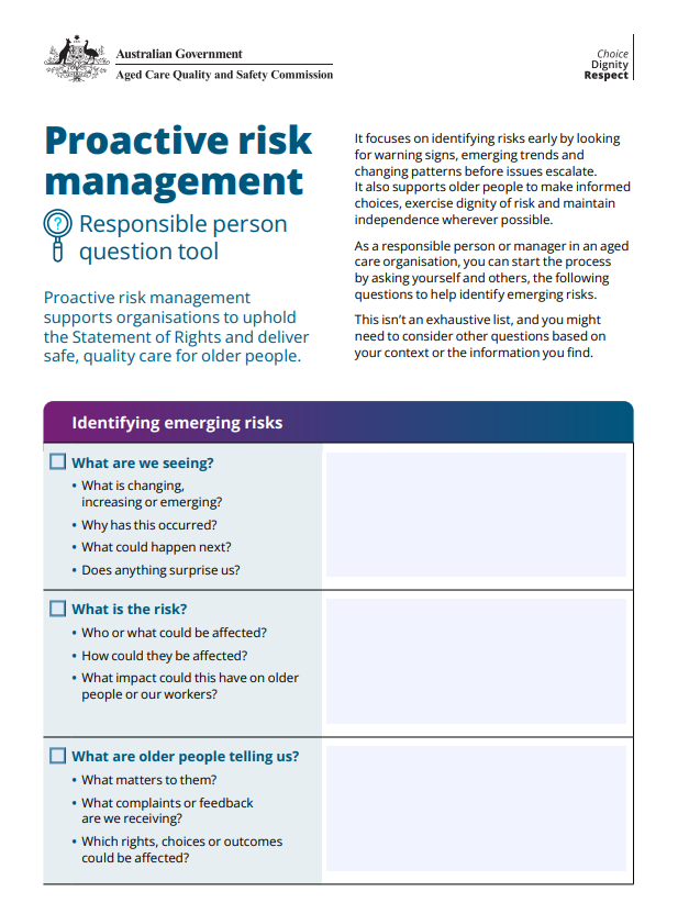 Proactive risk management - Responsible person question tool