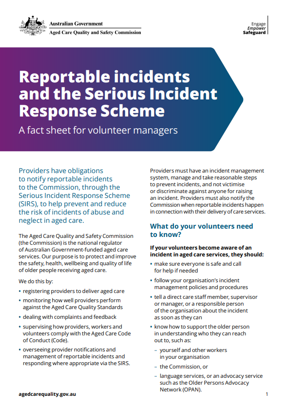 Reportable incidents and the Serious Incident Response Scheme – Fact sheet for volunteer managers thumbnail