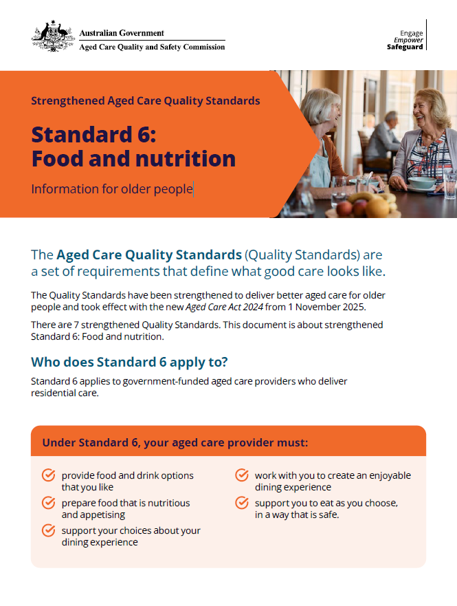 Standard 6: Food and nutrition - Information for older people fact sheet